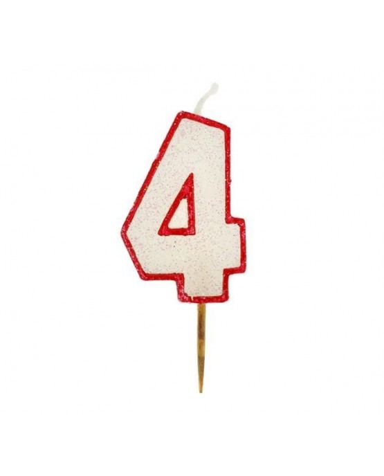 Sviečka - číslica 4 - trblietavá s červeným okrajom 6cm 1ks/P99